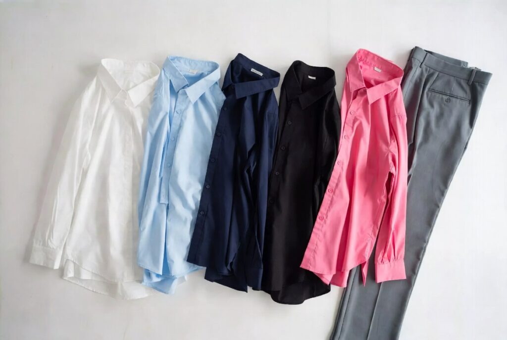 White, light blue, navy blue, black, and pink shirts go perfectly with grey trousers for any occasion.