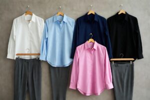 White, light blue, navy blue, black, and pink shirts go perfectly with grey trousers for any occasion.