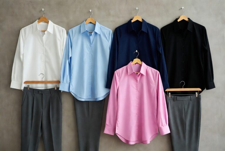 White, light blue, navy blue, black, and pink shirts go perfectly with grey trousers for any occasion.