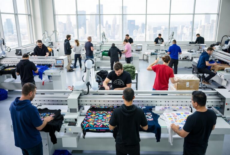 "Create an image showcasing a diverse team of workers in a modern factory setting, manufacturing custom print sweatshirt hoodies. The scene should convey a global scale, with workers from different cultures and backgrounds collaborating. Focus on a stylish, high-tech production line with automated printing machines. In the background, display a New York skyline through large windows, emphasizing the connection to the USA. Include vibrant, high-quality hoodie designs being printed, showcasing a variety of patterns and logos. The atmosphere should be dynamic, clean, and professional, symbolizing the craftsmanship and global reach of the manufacturer.