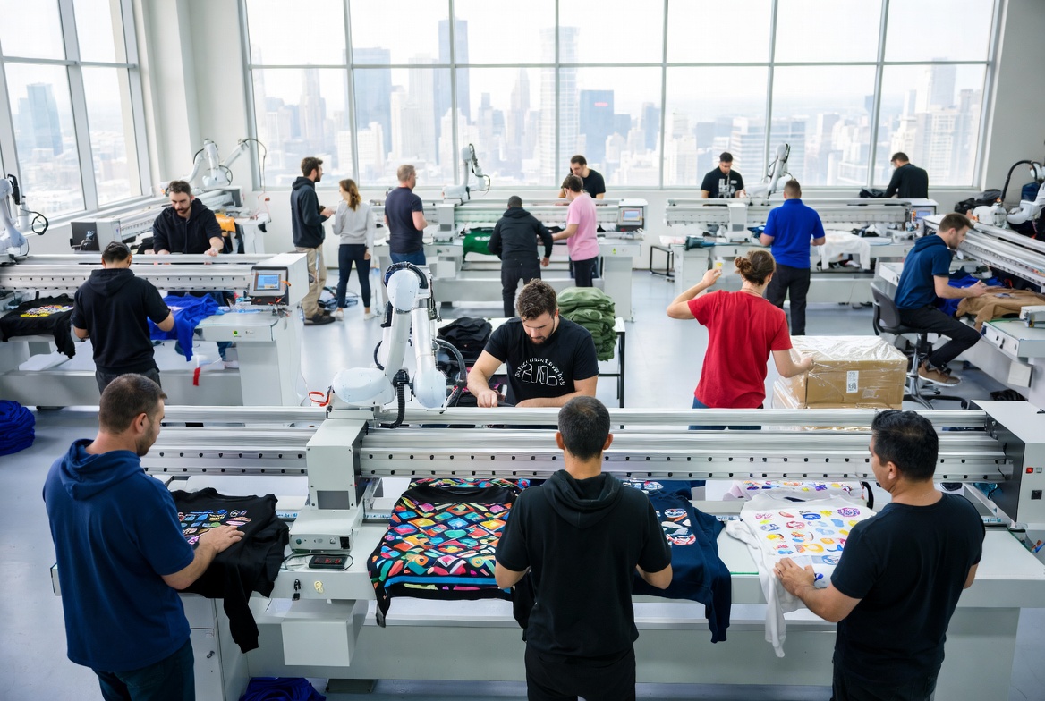 "Create an image showcasing a diverse team of workers in a modern factory setting, manufacturing custom print sweatshirt hoodies. The scene should convey a global scale, with workers from different cultures and backgrounds collaborating. Focus on a stylish, high-tech production line with automated printing machines. In the background, display a New York skyline through large windows, emphasizing the connection to the USA. Include vibrant, high-quality hoodie designs being printed, showcasing a variety of patterns and logos. The atmosphere should be dynamic, clean, and professional, symbolizing the craftsmanship and global reach of the manufacturer.