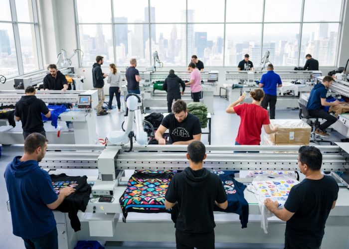 "Create an image showcasing a diverse team of workers in a modern factory setting, manufacturing custom print sweatshirt hoodies. The scene should convey a global scale, with workers from different cultures and backgrounds collaborating. Focus on a stylish, high-tech production line with automated printing machines. In the background, display a New York skyline through large windows, emphasizing the connection to the USA. Include vibrant, high-quality hoodie designs being printed, showcasing a variety of patterns and logos. The atmosphere should be dynamic, clean, and professional, symbolizing the craftsmanship and global reach of the manufacturer.